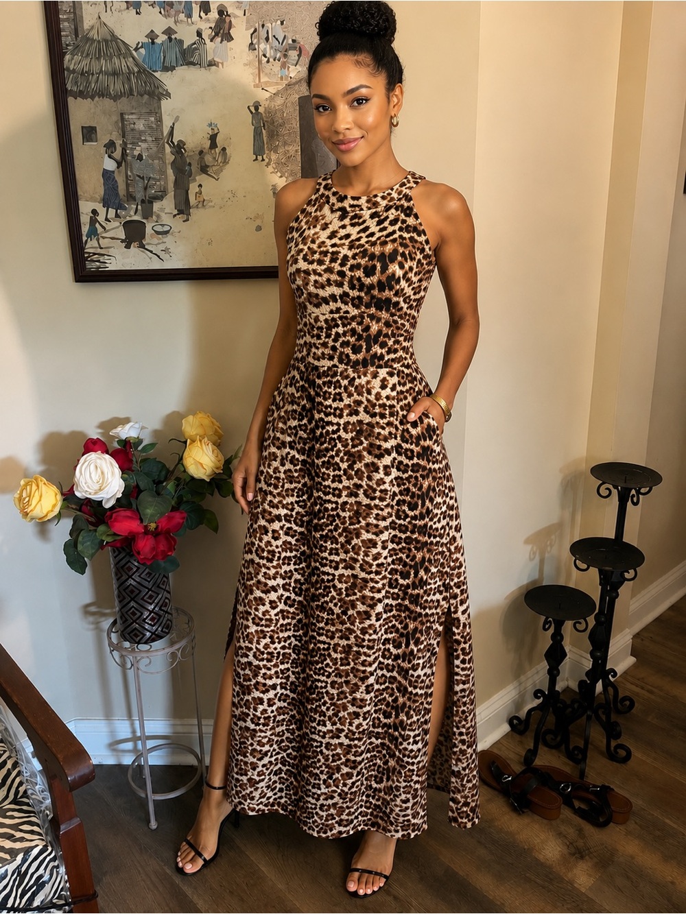 INC International Concepts Leopard Print Maxi Dress in Brown and Cream